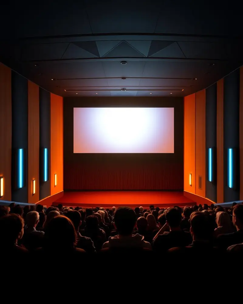 Cinema moderno com público assistindo à tela iluminada