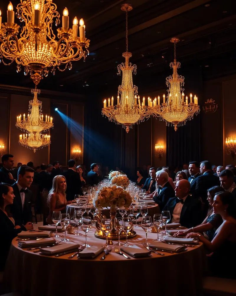 Salão elegante com iluminação dourada em evento premium