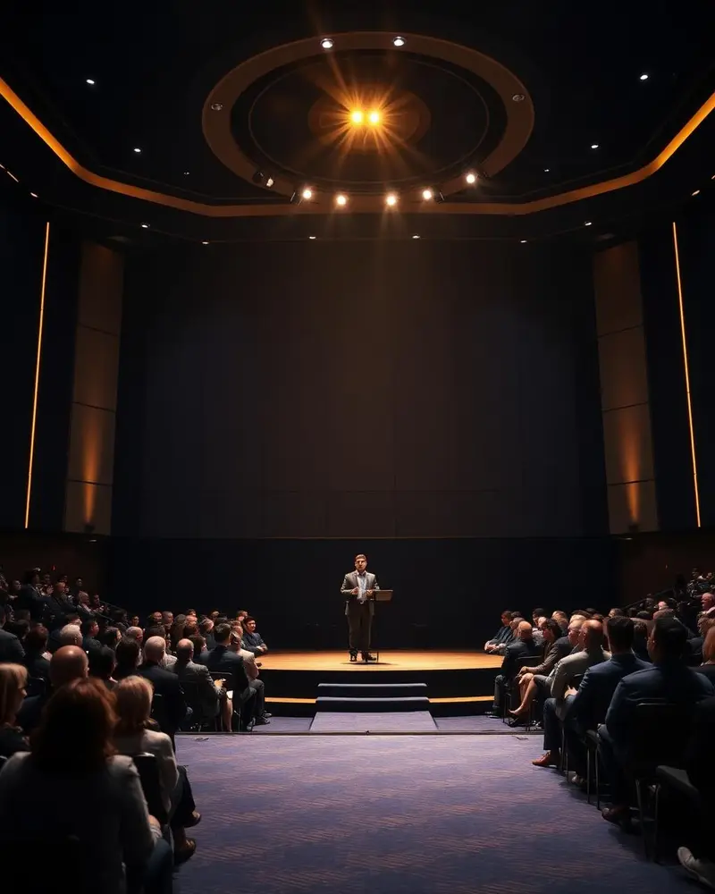 Palco com palestrante iluminado e público em auditório moderno